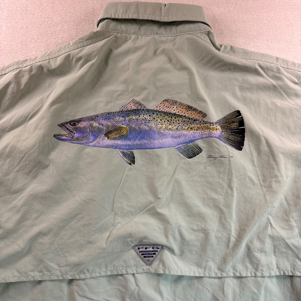 Columbia PFG Bahama Fishing Shirt Mens Large Green Short Sleeve Carey Chen Fish